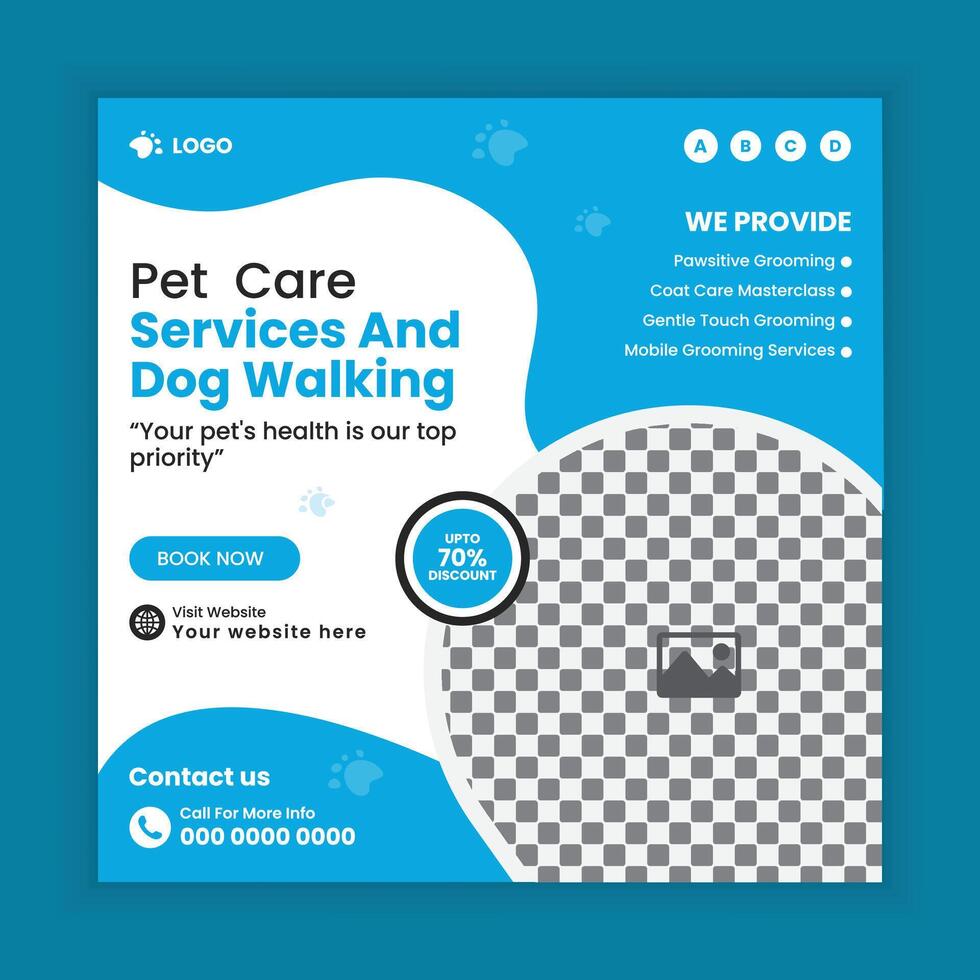 Pet care and dog walking social media post design or pet business web square post banner template vector