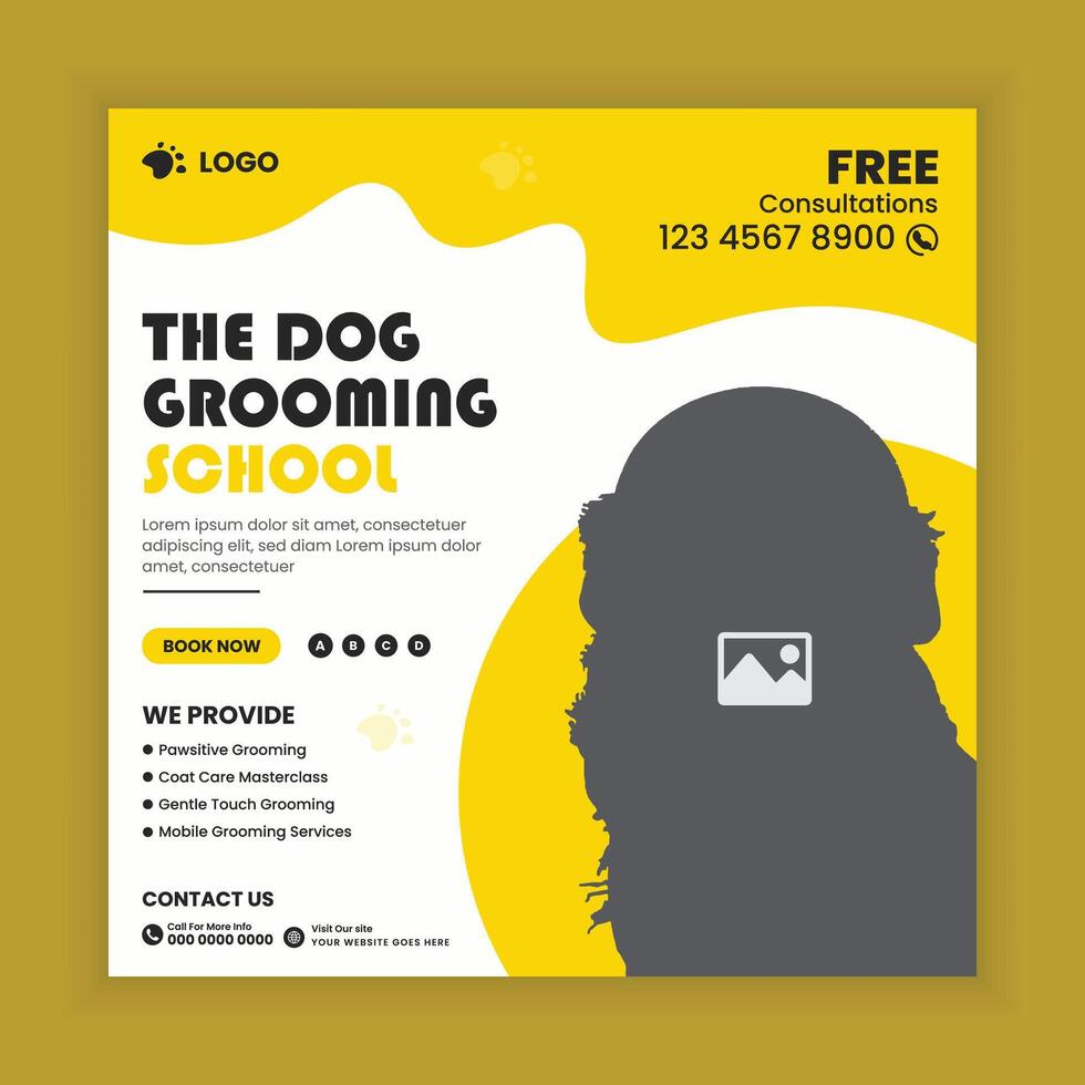 Pet grooming school social media post design or pet business web square post banner template vector
