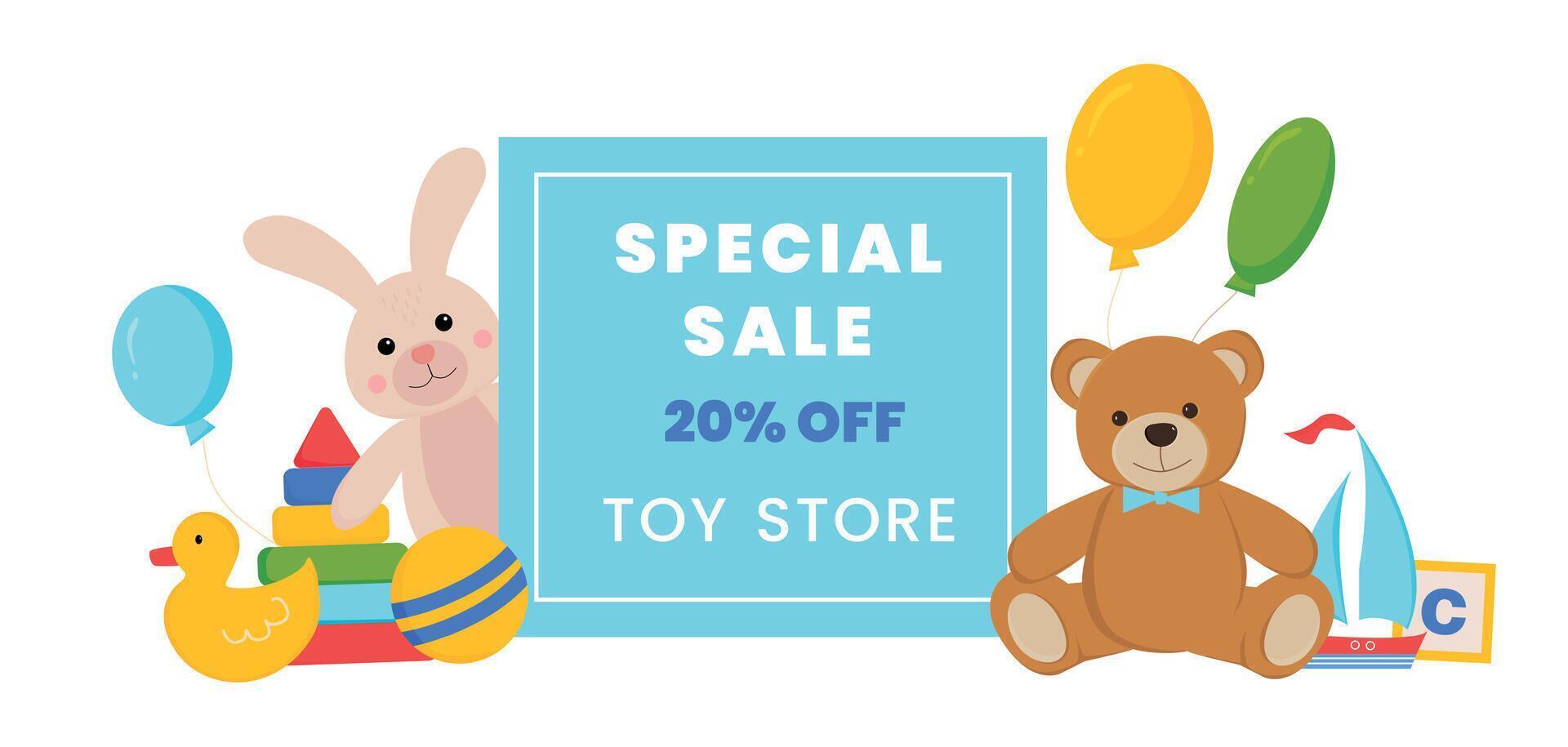 Toy store advertising banner. Banner template with teddy bear, duck, hare, ship. Template for toy store. Flat cartoon illustration. vector