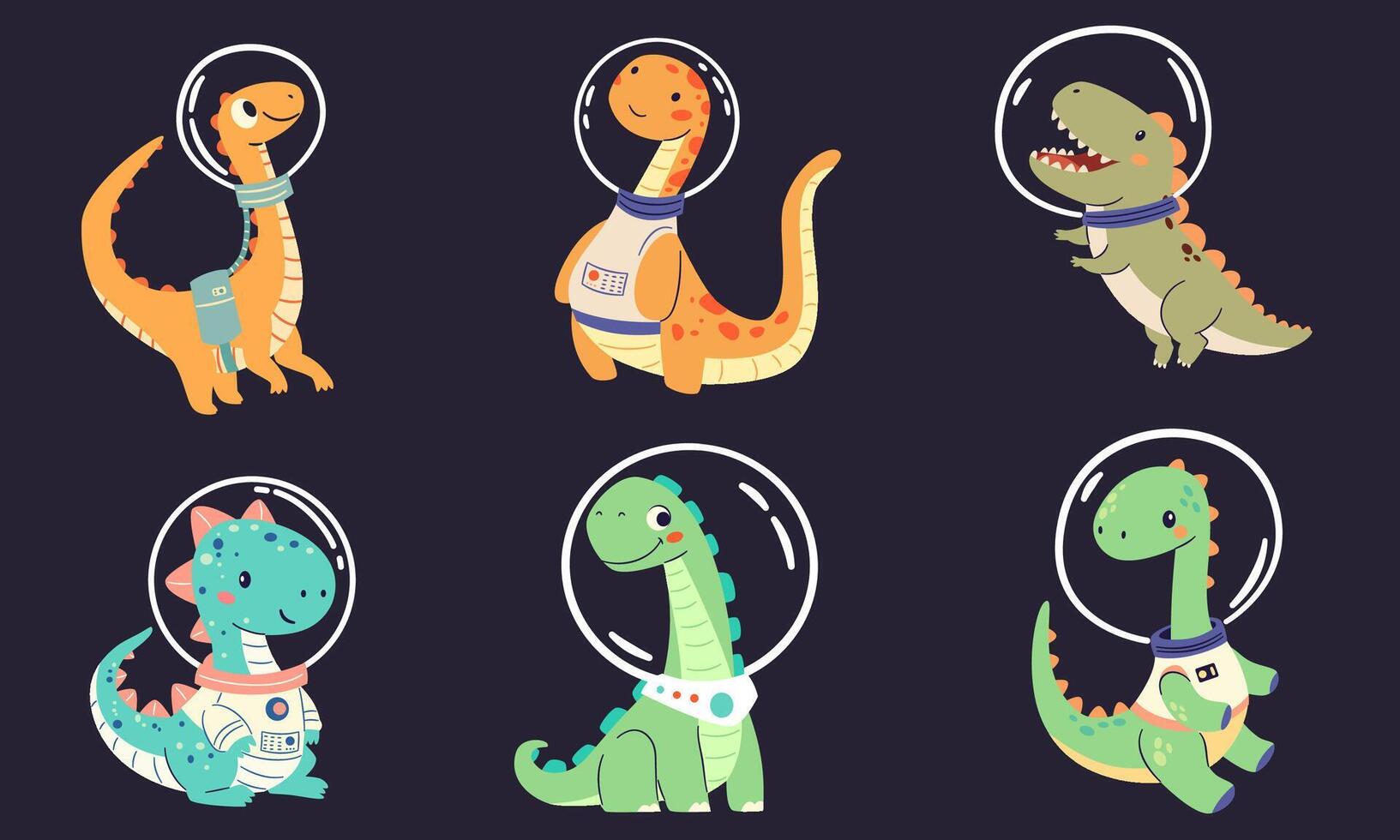 Set of flat illustrations in children's simple style. Cute dinosaurs in spacesuits flying in space vector