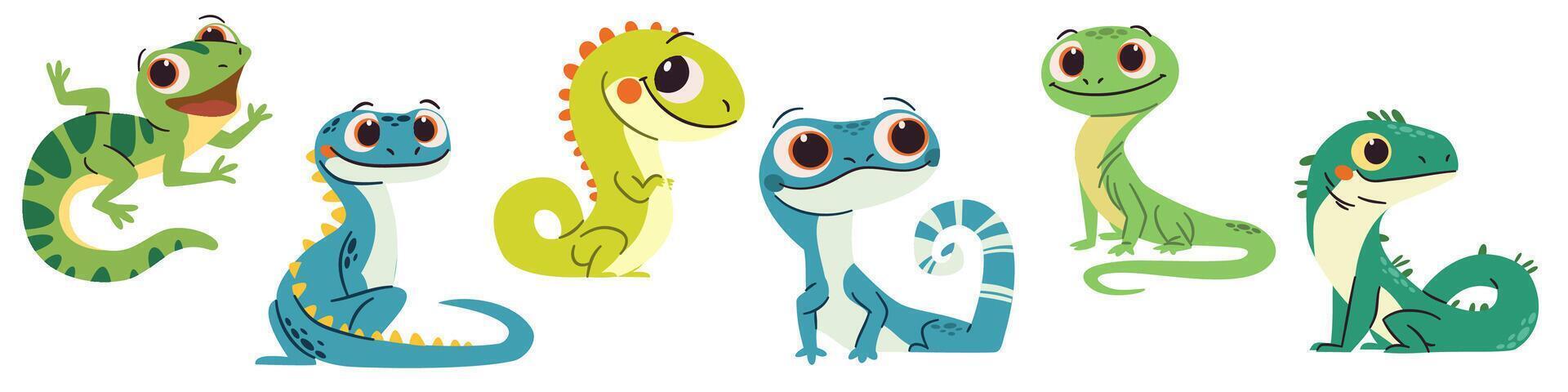 Set of flat illustrations in simple child style on white background. Cute lizards with big eyes vector