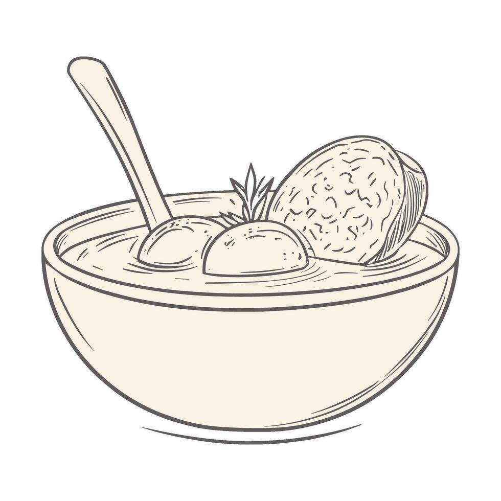 Hand-Drawn Bowl of Soup with Bread Slice and Spoon vector