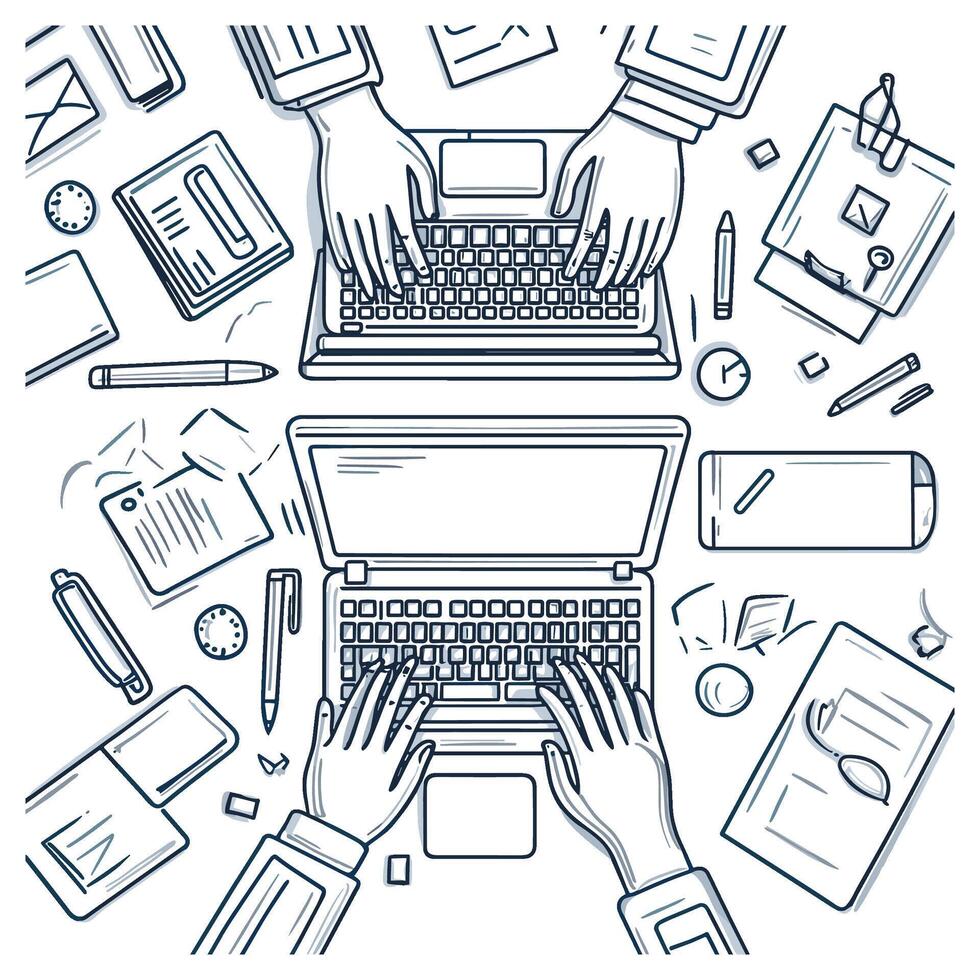 Workspace Essentials - Top View of Desk Setup Outline vector