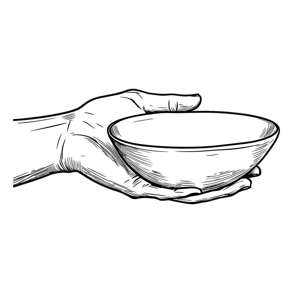 Hand Holding a Bowl - Offering Gesture in Minimalist Line Art vector
