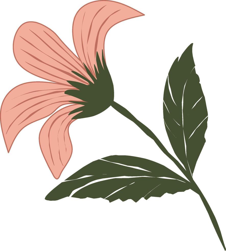Illustration of a single flower in a minimalist style with pastel pink colors and dark green leaves. Perfect for greeting card designs, posters, or as a graphic element for creative projects vector