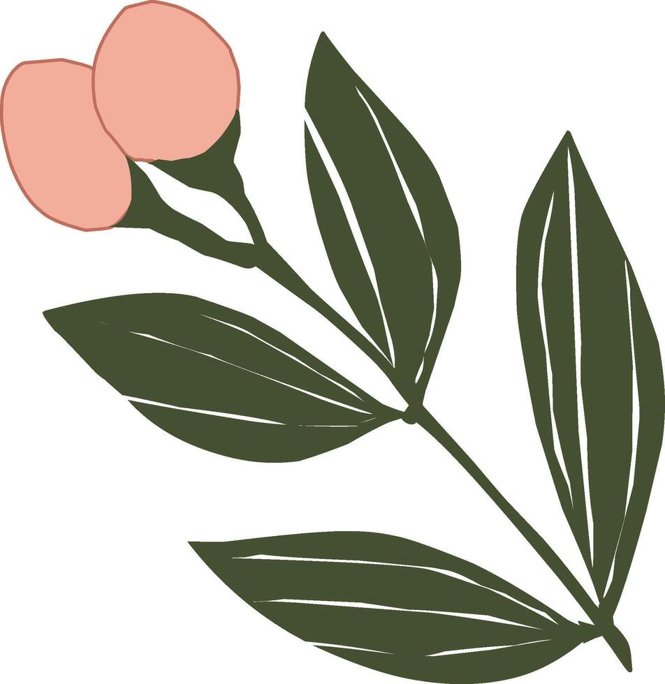 Illustration of a minimalist flower branch with pastel pink fruit and dark green leaves. Perfect for greeting card designs, posters, or as a graphic element for creative projects vector
