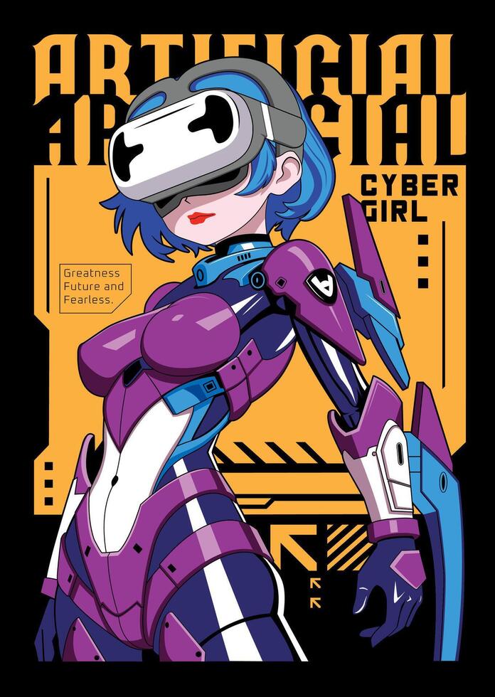 Anime girl poster in manga style. Tokyo Japan anime girl with concept of artificial intelligence, virtual reality,retro,futurism,futuristic,cyberpunk. Japanese y2k comic illustration vector