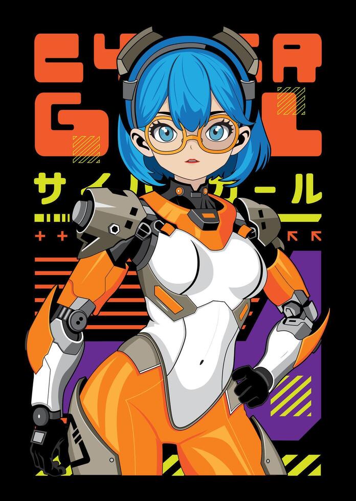Anime girl poster in manga style. Tokyo Japan anime girl with concept of virtual reality,ai,retro,futurism,futuristic,cyberpunk. Japanese y2k illustration. Kanji translation is Cyber Girl vector