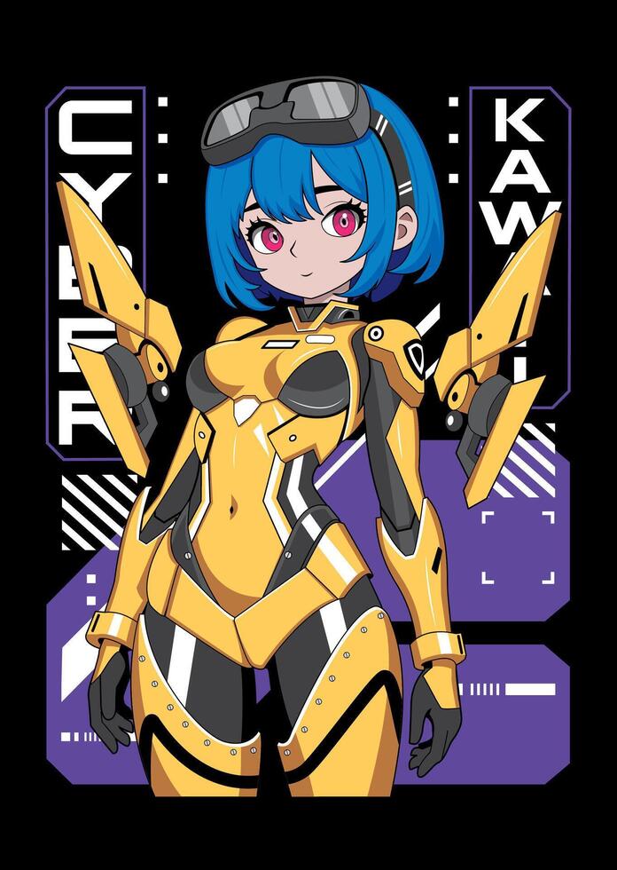 Anime girl poster in manga style. Tokyo Japan anime girl with concept of virtual reality,retro,futurism,futuristic,cyberpunk. Japanese y2k comic illustration. Kanji translation is Cyber Kawaii vector