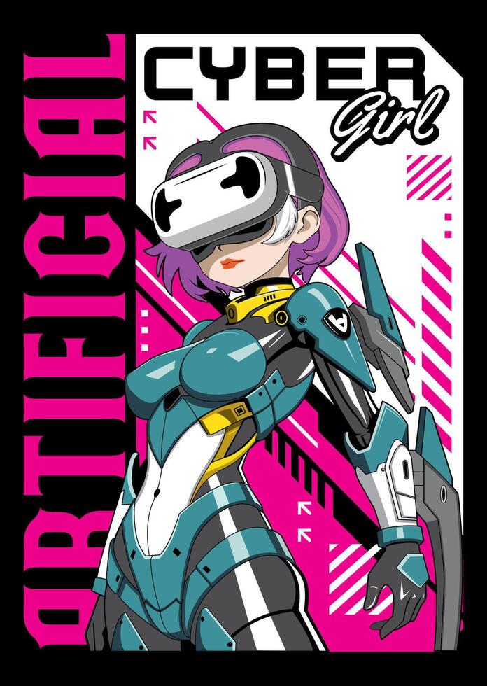Anime girl poster in manga style. Tokyo Japan anime girl with concept of artificial intelligence, virtual reality,retro,futurism,futuristic,cyberpunk. Japanese y2k illustration vector