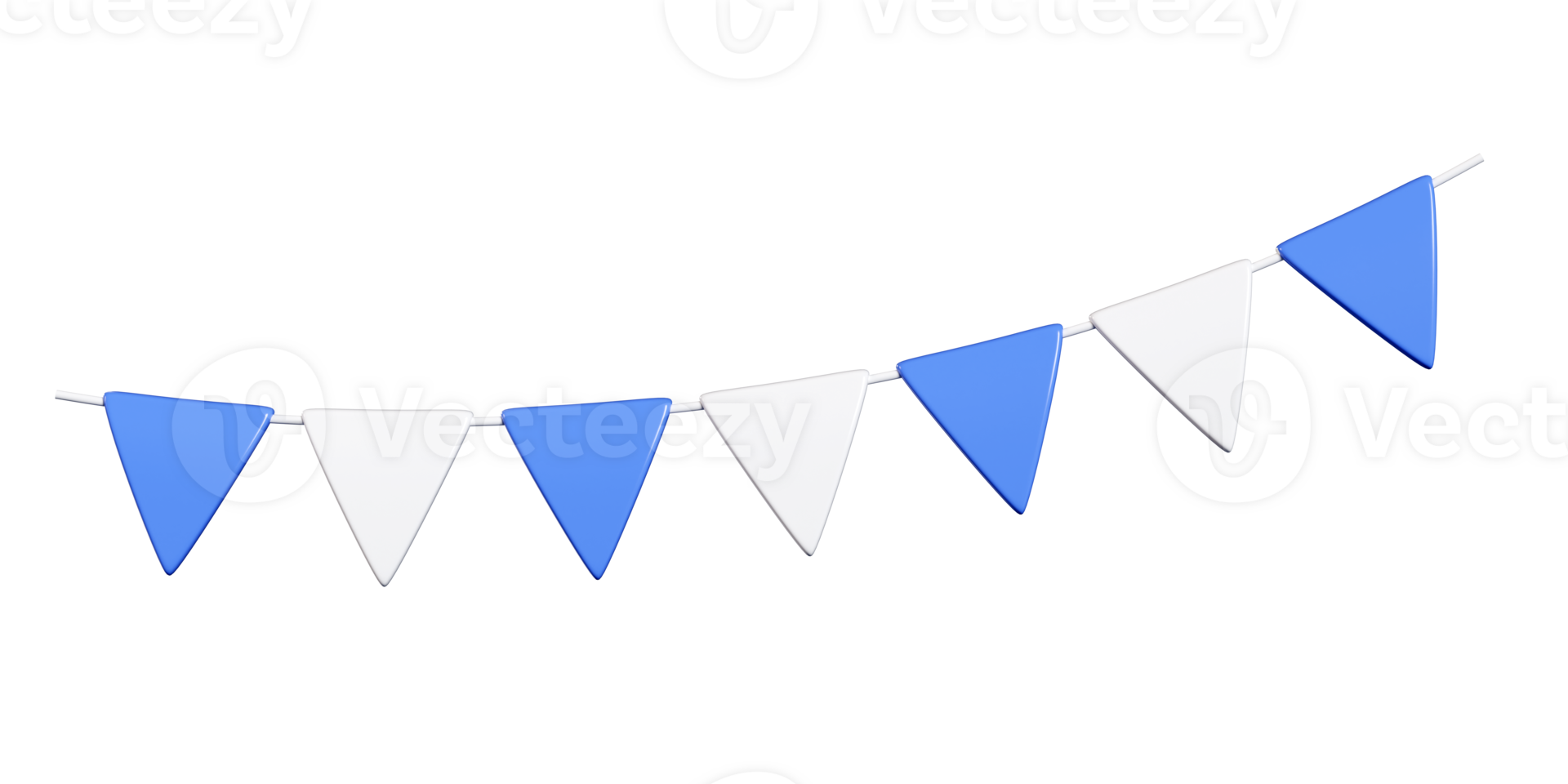 Triangular party bunting with alternating blue and white flags in 3d render. png