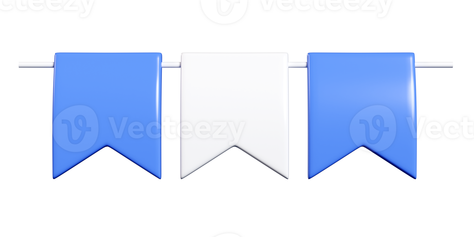 Party bunting of rectangular flags with notched bottom edges in blue and white 3d render. png