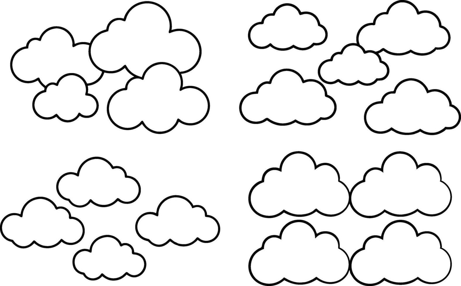 Cloud Collection In Black And White Line Art Drawing Illustration On An Isolated Background vector