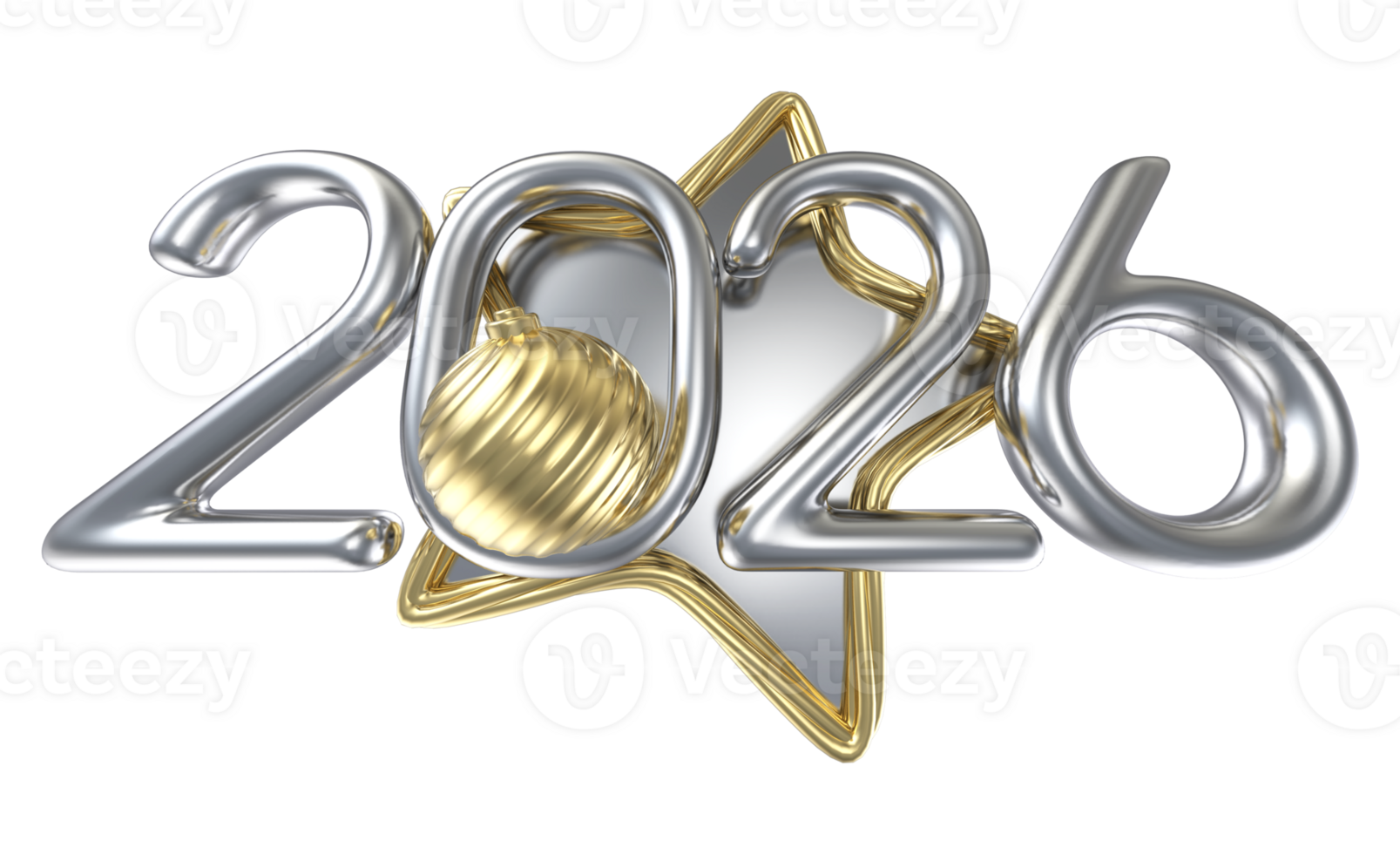 Happy New Year Number 2026 Star Silver 3D Render png