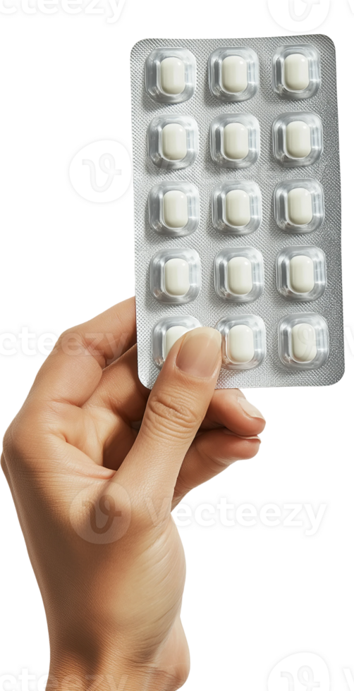 hand holding a pack of pills on a transparent background png