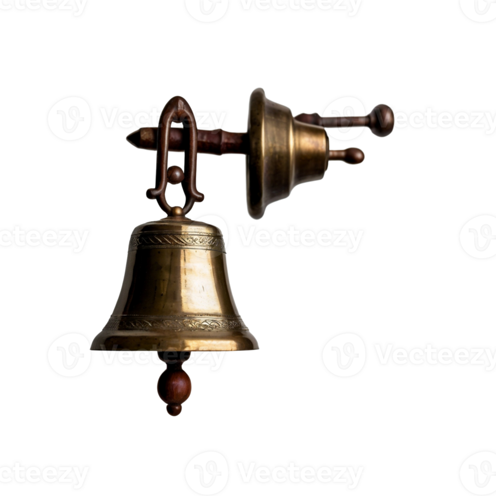Single Vintage-Style Brass Bell With Intricate Details, Transparent Background, Perfect For Antique-Themed Visuals And Decor Ideas png