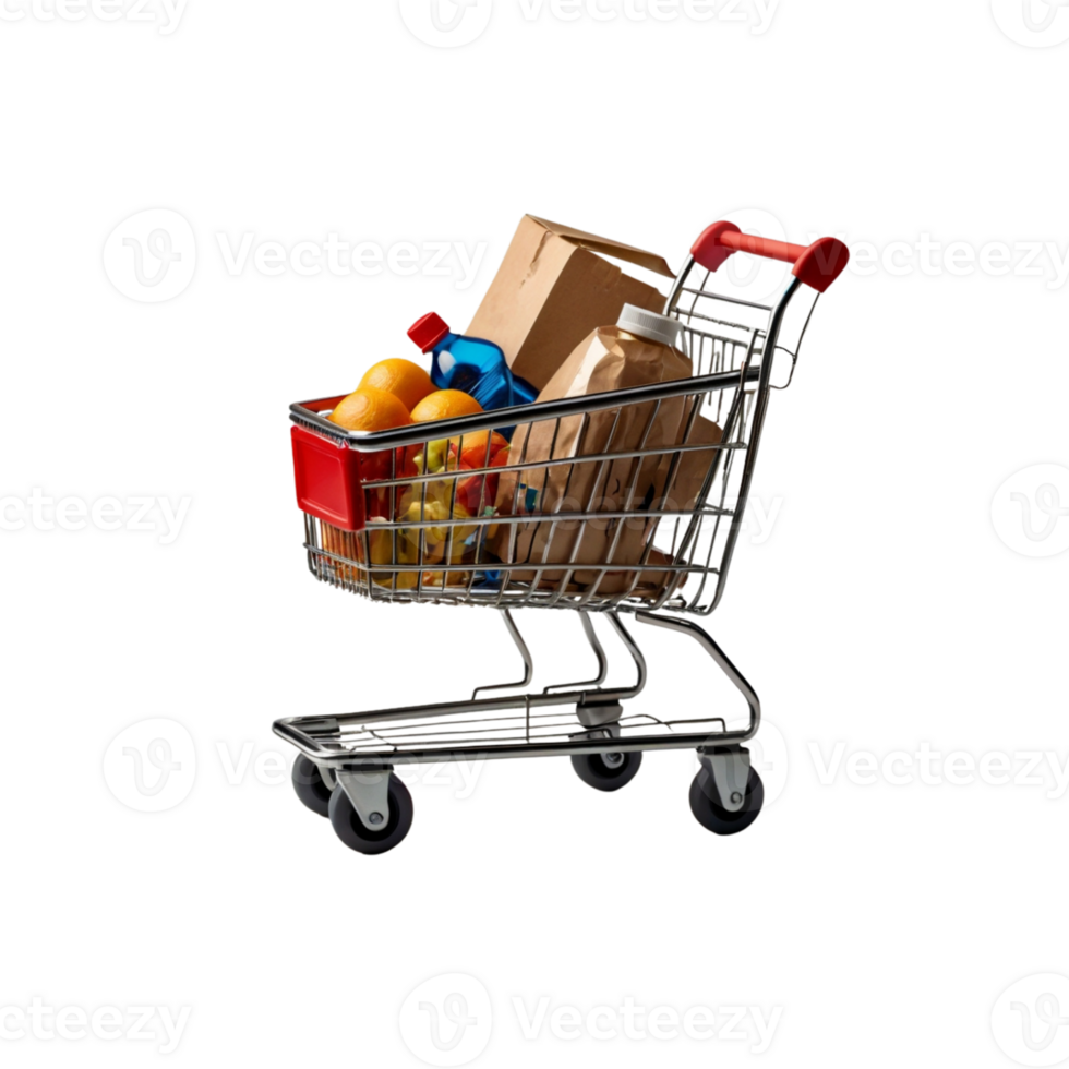 Shopping Cart Filled With Groceries, Colorful Fruits, And Boxes, Perfect For Retail Use, Transparent Background png