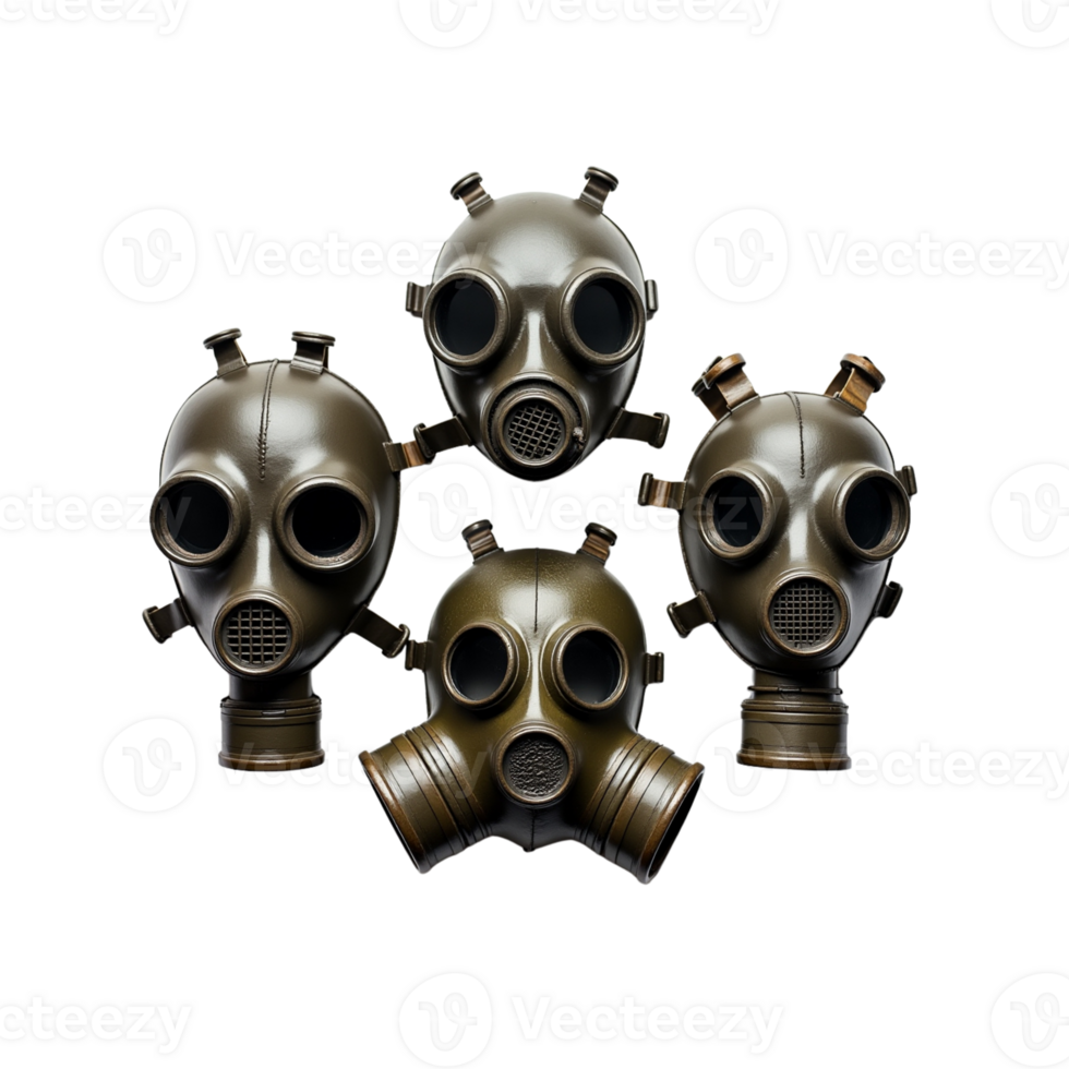 Cluster Of Vintage Gas Masks With Retro Industrial Design, Unique Display Item, Transparent Background png
