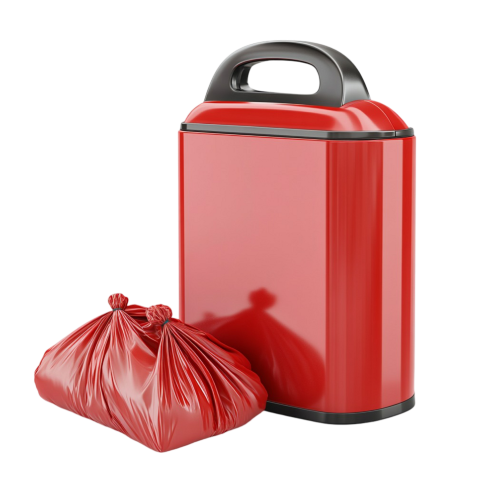Red Trash Can with a Bag of Trash on Transparent Background png