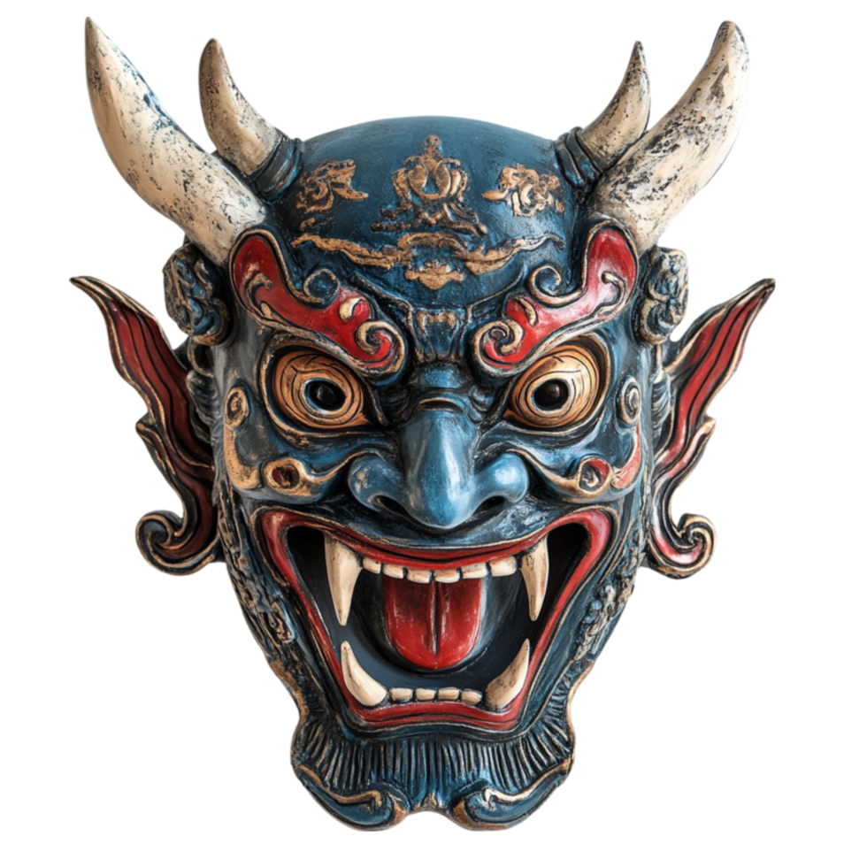 Blue and Red Demon Mask with Horns on Transparent Background png