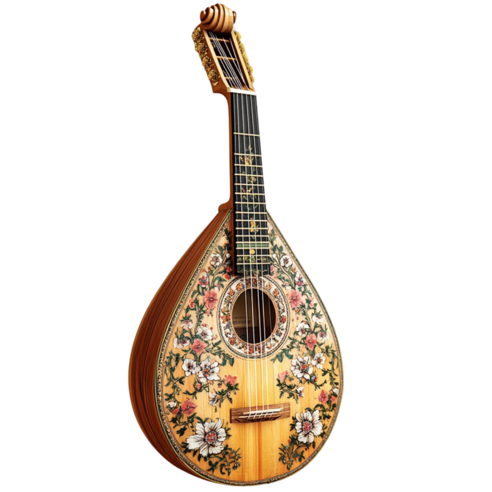 Mandolin with Decorative Floral Patterns on Transparent Background png