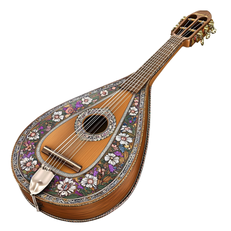Mandolin with Intricate Floral Design on Transparent Background png