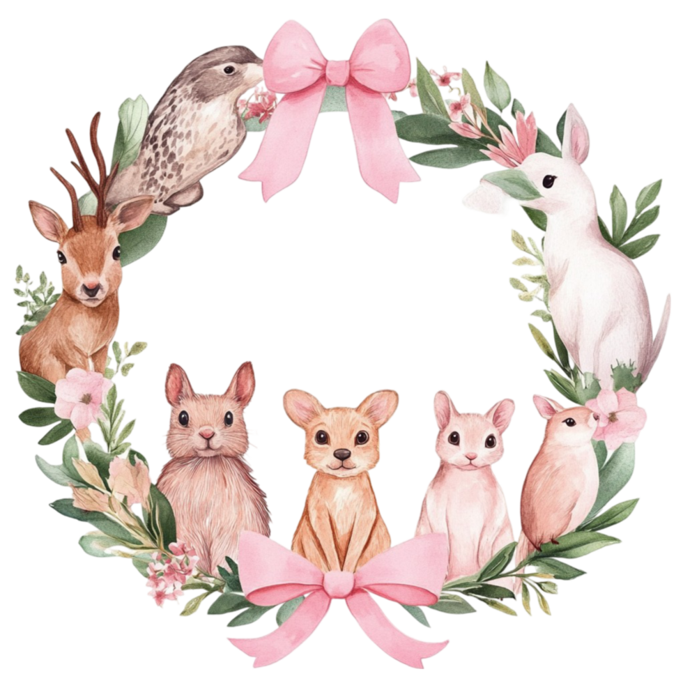 Watercolor Wreath with Animals and Flowers on Transparent Background png
