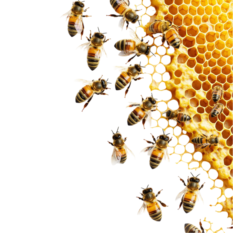 bees on honeycomb with honeycomb on transparent background png