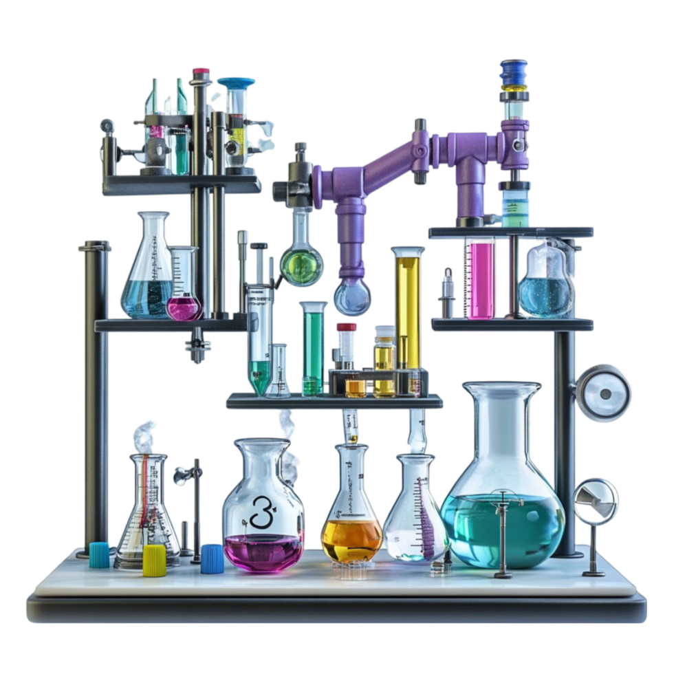 Laboratory Set with Various Flasks and Beakers on Transparent Background png
