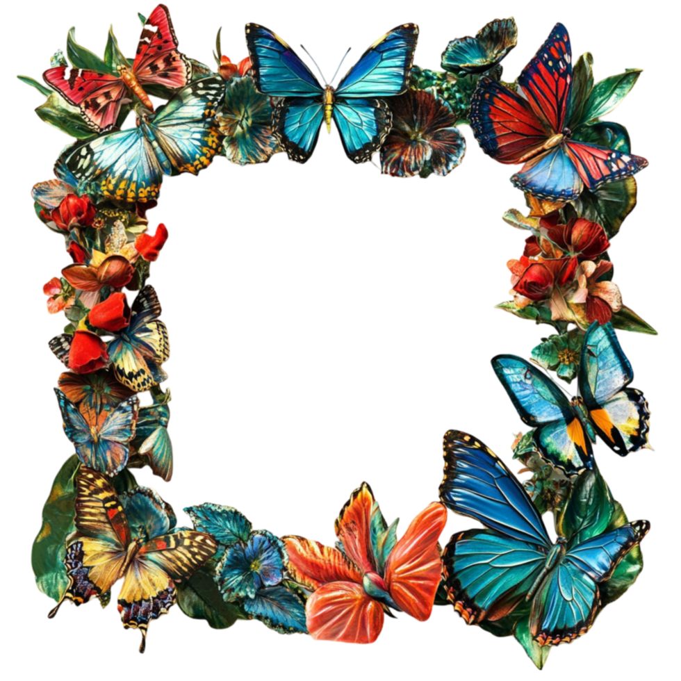 Circular Arrangement of Butterflies and Leaves on Transparent Background png