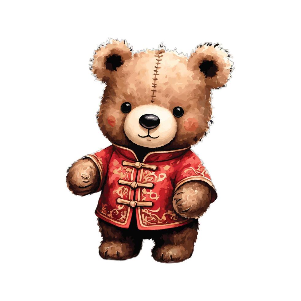 Watercolor Cute Teddy Bear in Chinese New Year Uniform Standing vector