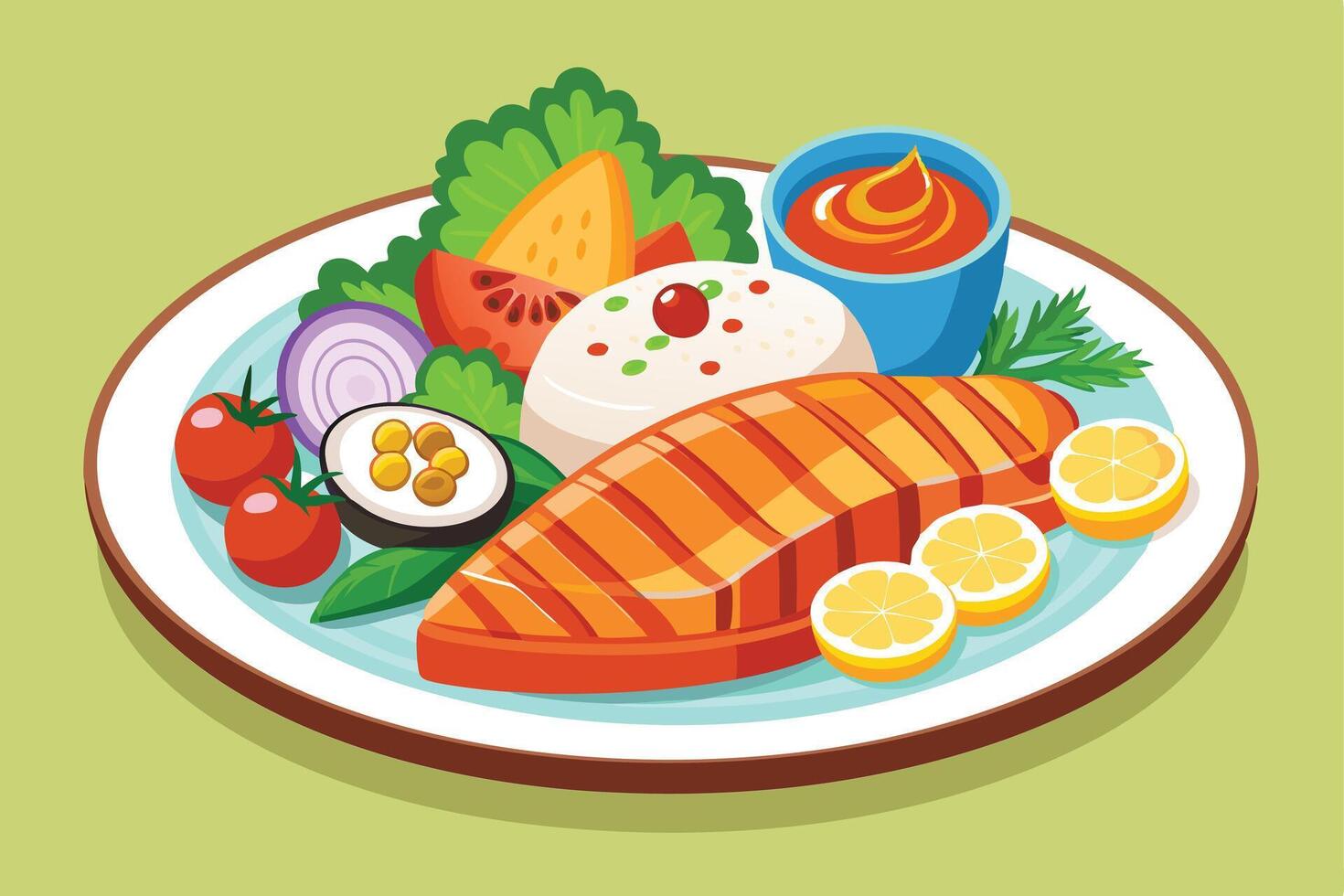 Delicious Grilled Salmon with Rice and Vegetables vector