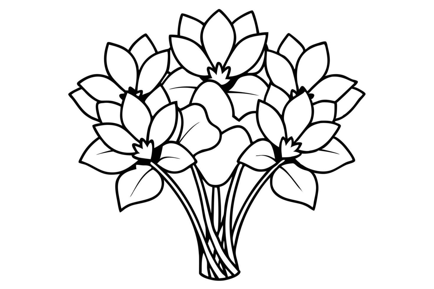 Black and white line art drawing of a beautiful crocus bouquet. vector
