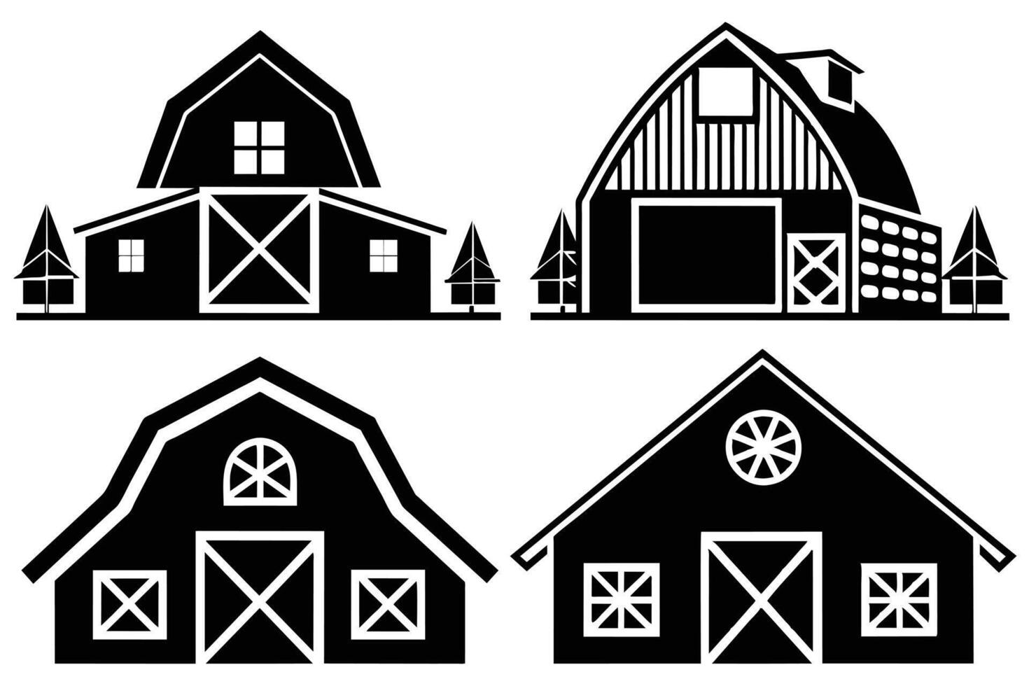 Four Different Farm Barn Silhouettes in a Design vector
