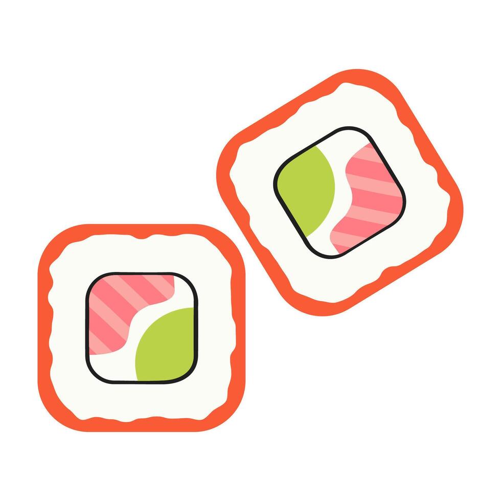 Sushi with pink and green fillings wrapped in an orange border vector