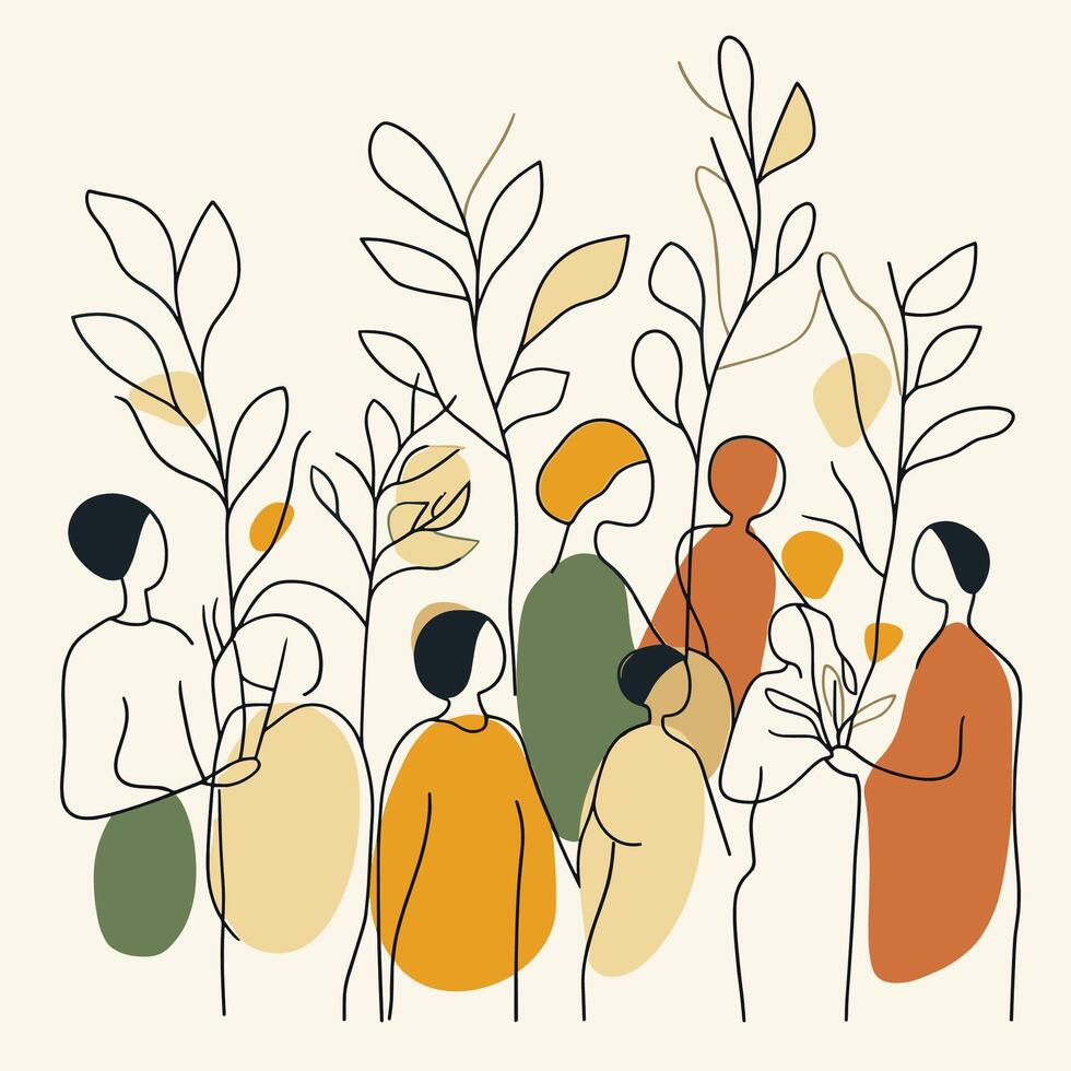 Diverse Group of People in Minimalist Art Style with Earthy Colors vector