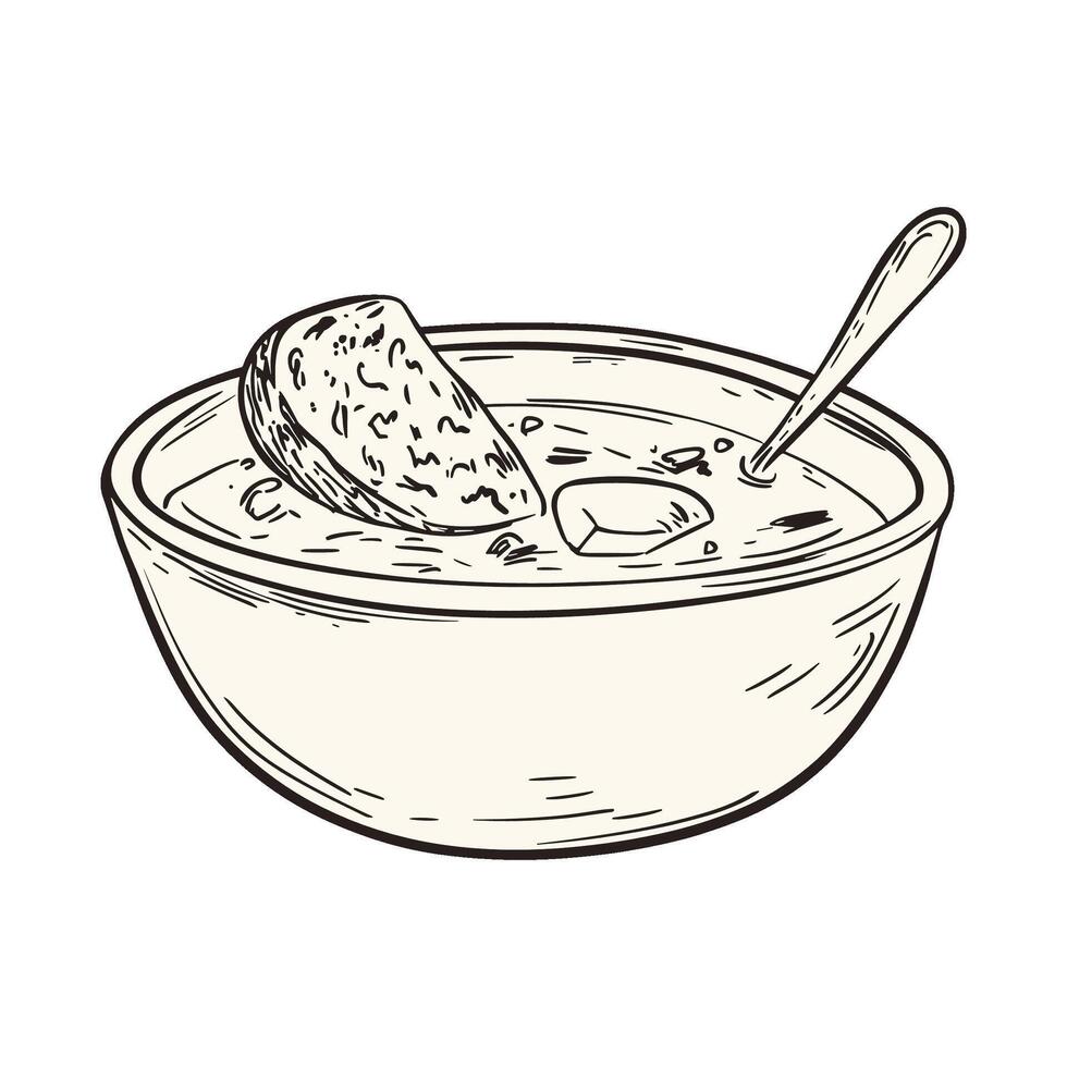 Minimalist Illustration of Soup Bowl with Bread and Spoon vector