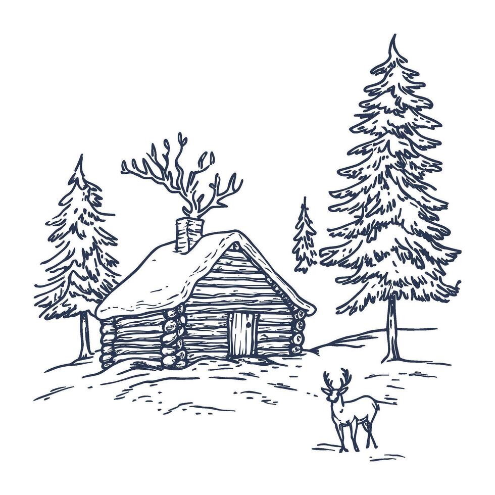 Rustic Winter Cabin in the Woods with Snowy Trees vector