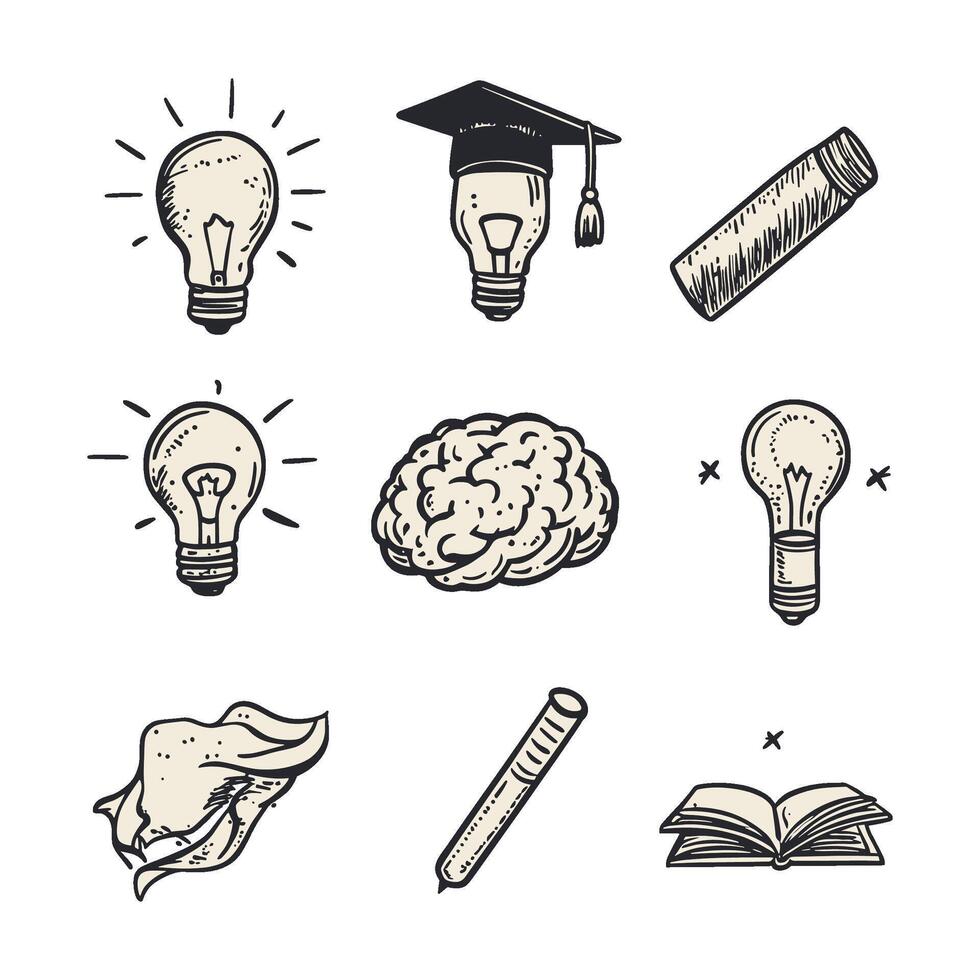 Education and Creativity Icons with Brain, Lightbulb, and Pencil vector