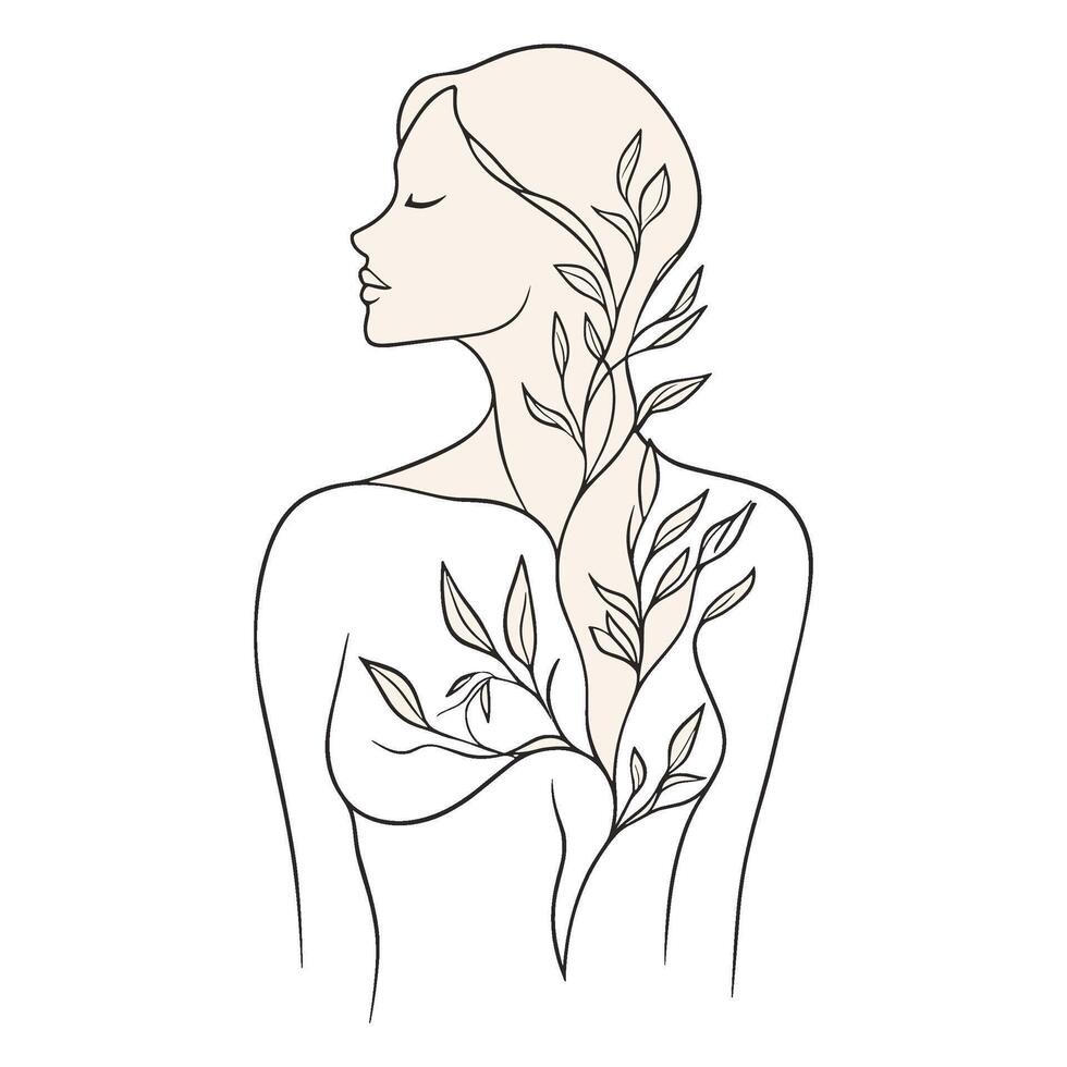 Woman with Floral Tattoos on Back - Elegant Line Art vector