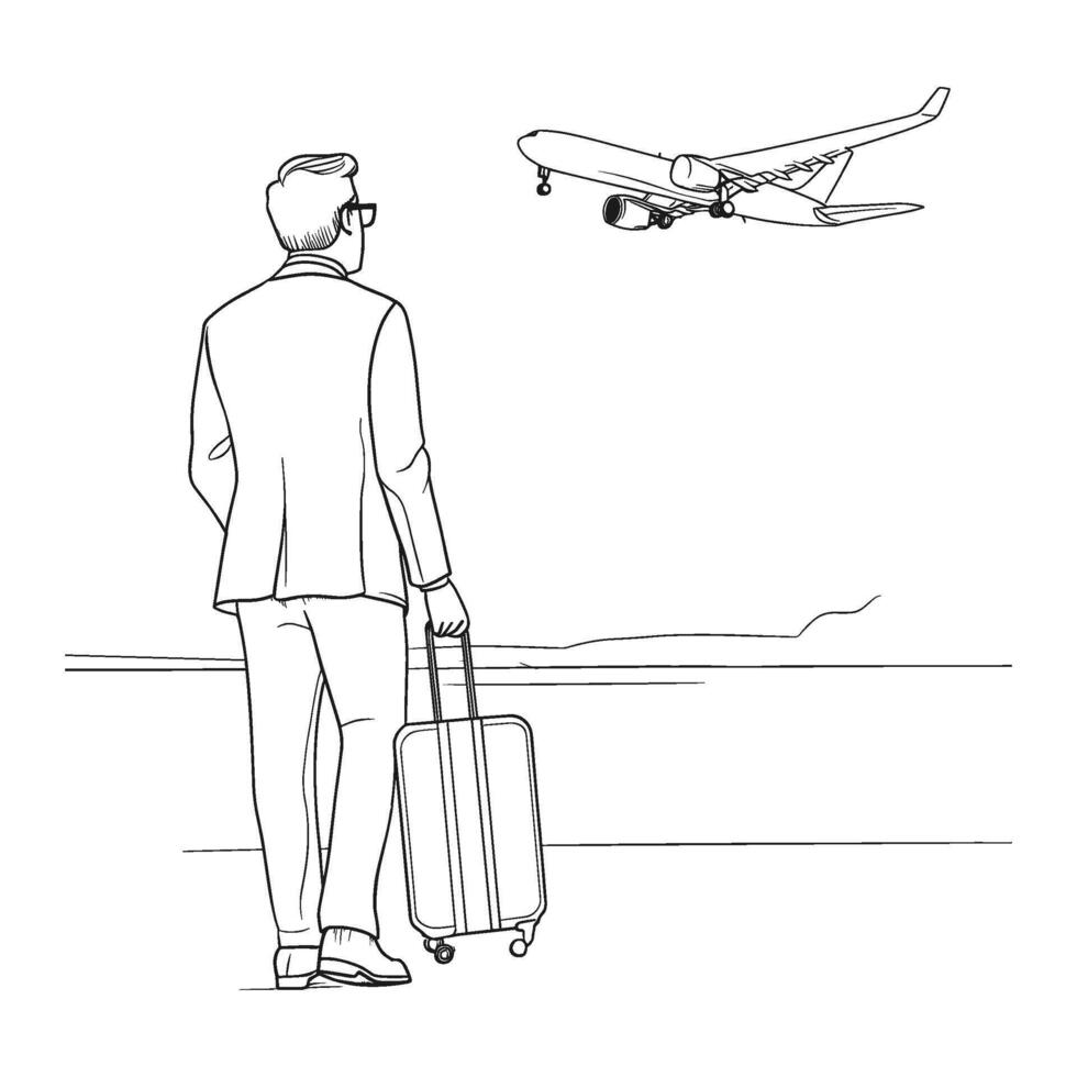 Traveler Waiting with Suitcase - Airport Line Drawing vector