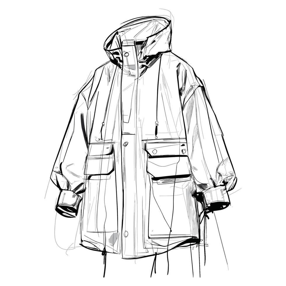 Hooded Raincoat Hanging - Outline Illustration of Outerwear vector