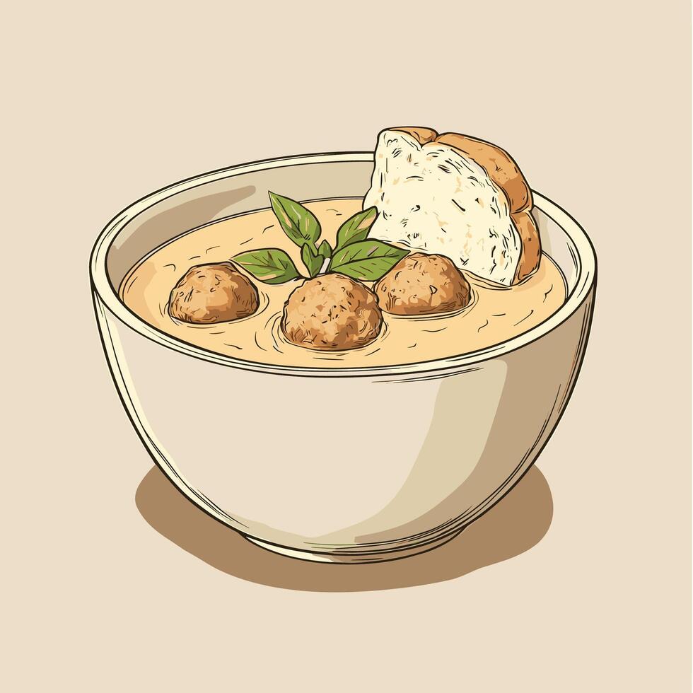 Comforting Bowl of Tomato Soup with Bread and Herbs vector