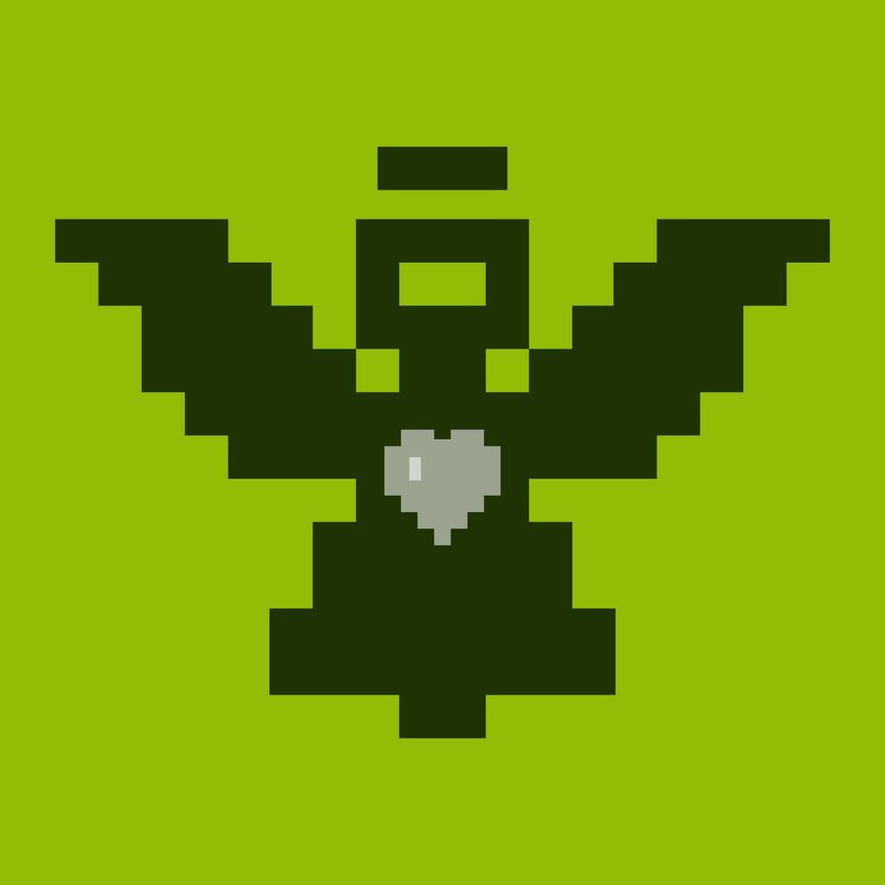 Pixel style angel with a heart inside chest and halo over head. Angel with wings in retro game concept design. vector