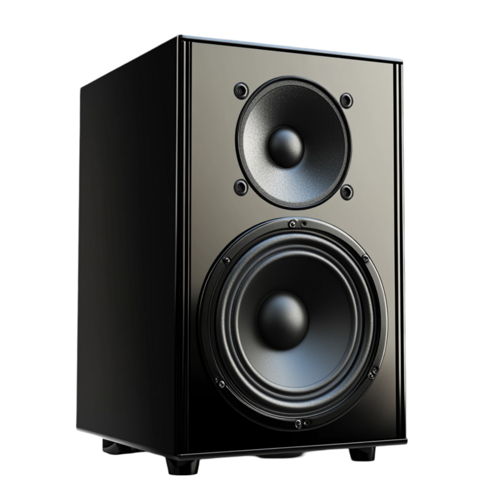 Hyperrealistic Black Glossy Speaker Cabinet with Woofers and Tweeter png