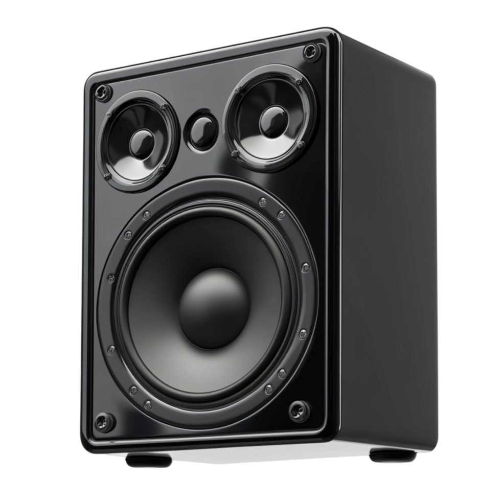 Hyperrealistic Glossy Black Stereo Speaker with Tweeters and Woofer png