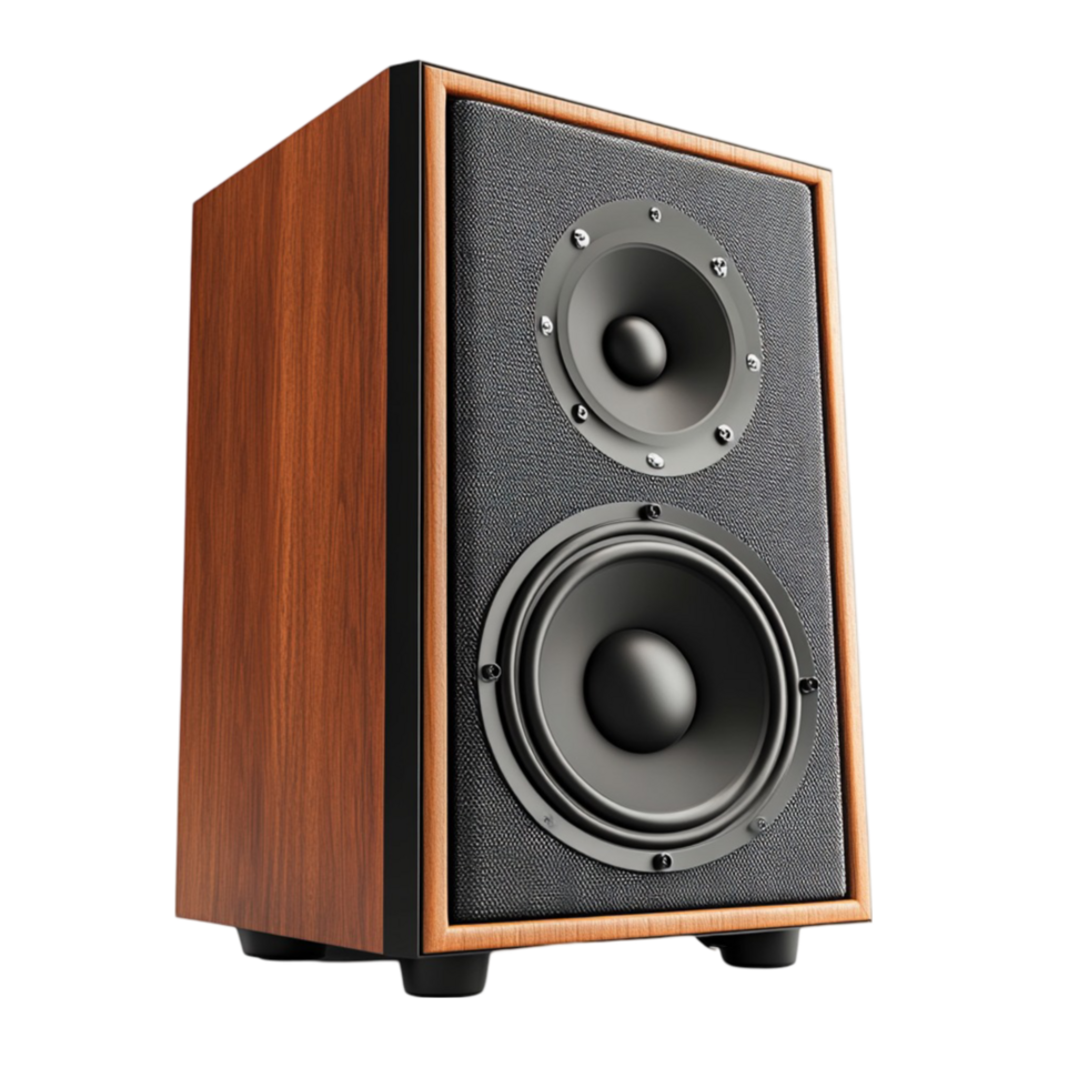 Wooden Speaker Unit with Black Fabric Covering and Dual Speakers png