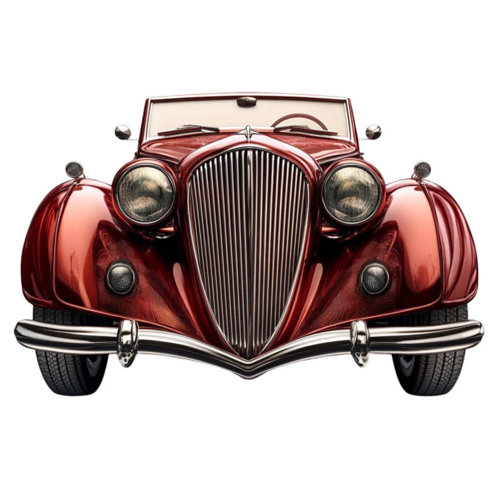 Front View of Classic Red Car with Prominent Grille and Round Headlights png