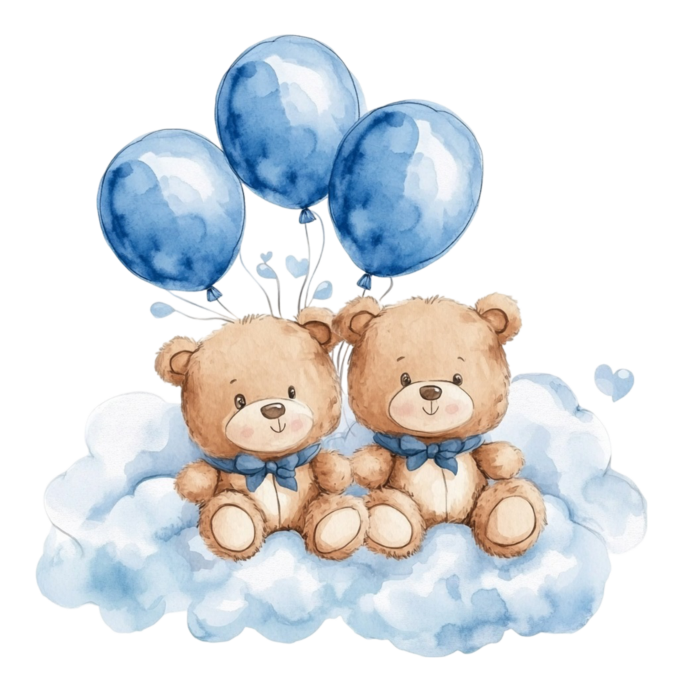 Watercolor Teddy Bears Sitting on Cloud with Balloons and Hearts png