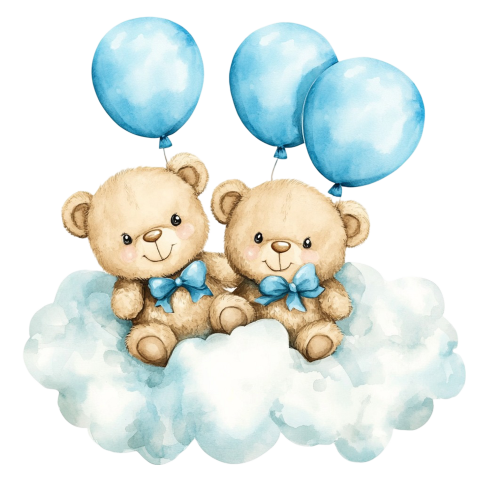 Cute Teddy Bears Sitting on Cloud with Balloons png